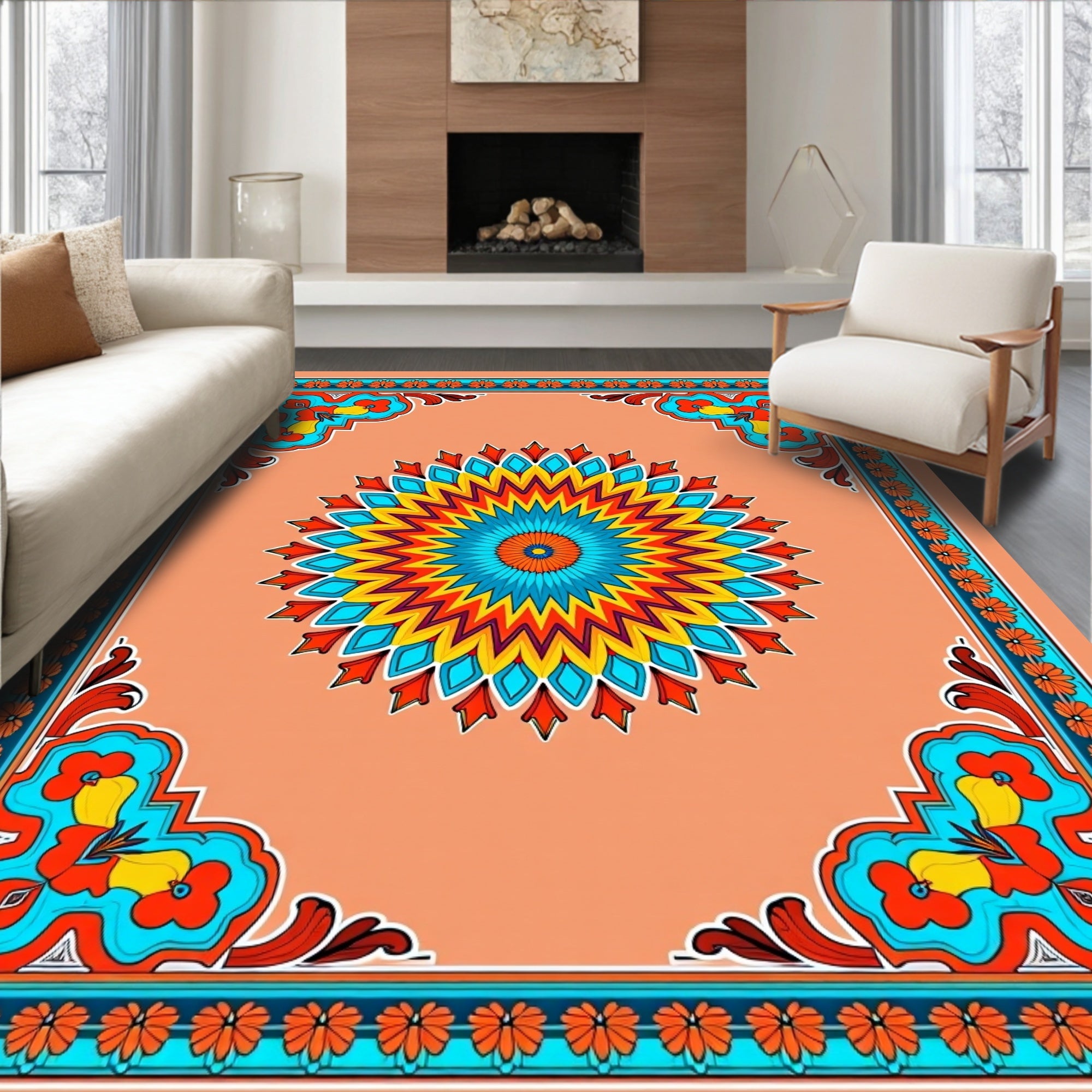 Bright Floral Mandala And Border Design Rug