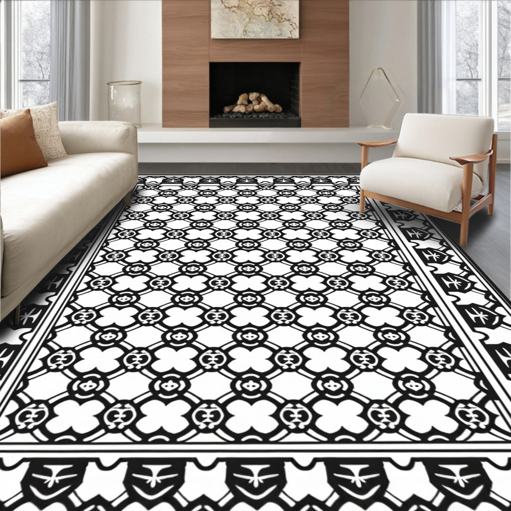 Intricate Black White Geometric Pattern Rug