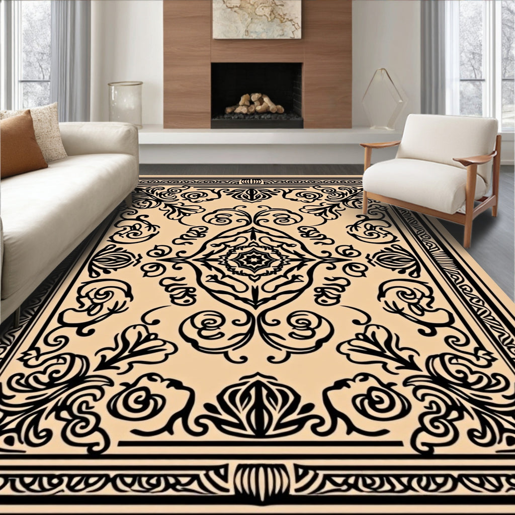 Classic Black Floral Inspired Border Design Rug
