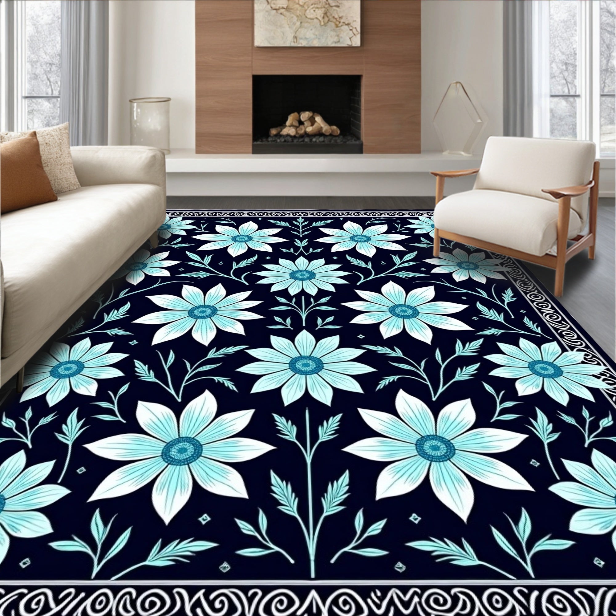 Navy Blue Floral Damask Pattern Rug