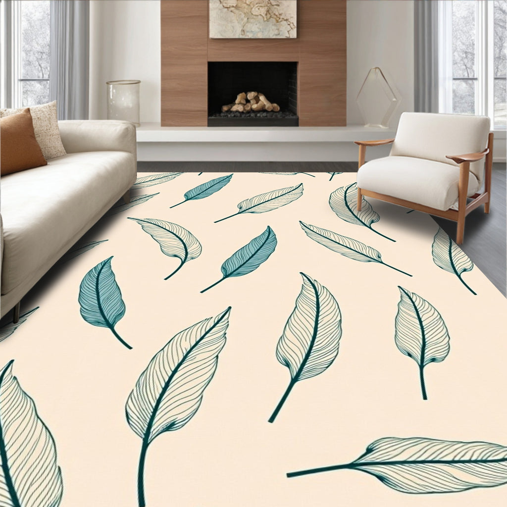 Feather Pattern Elegant Beige Blue Design Rug