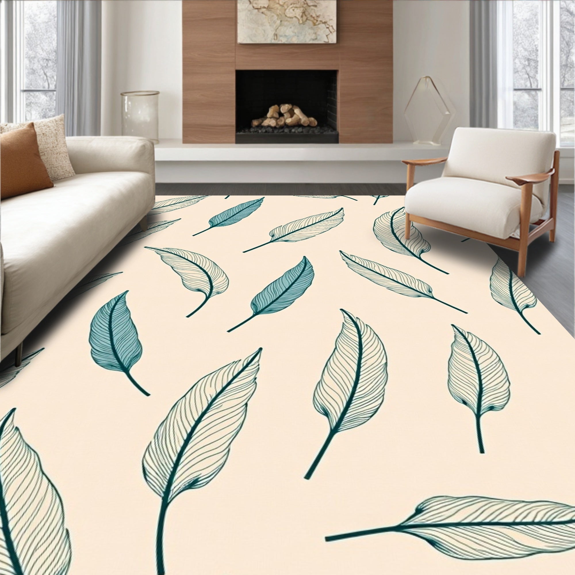 Feather Pattern Elegant Beige Blue Design Rug