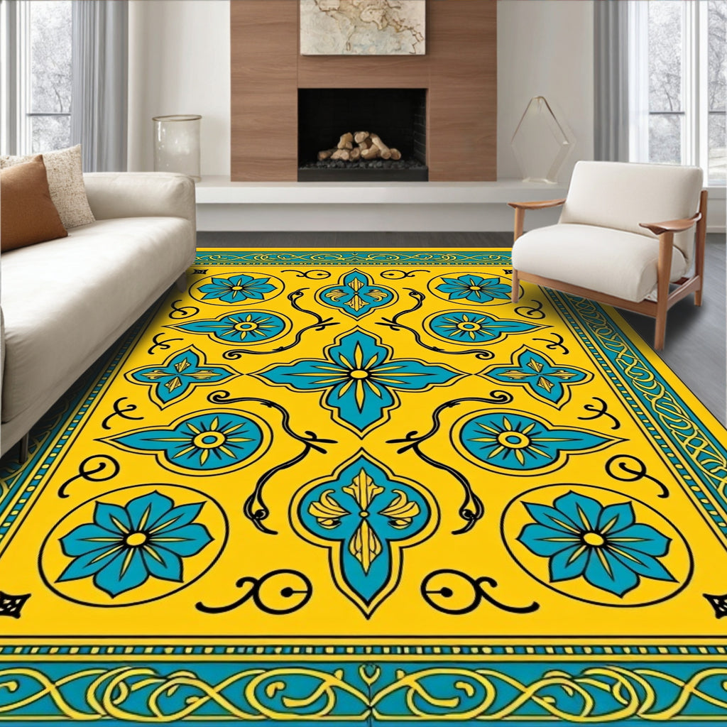 Ornate Yellow Teal Floral Pattern Rug