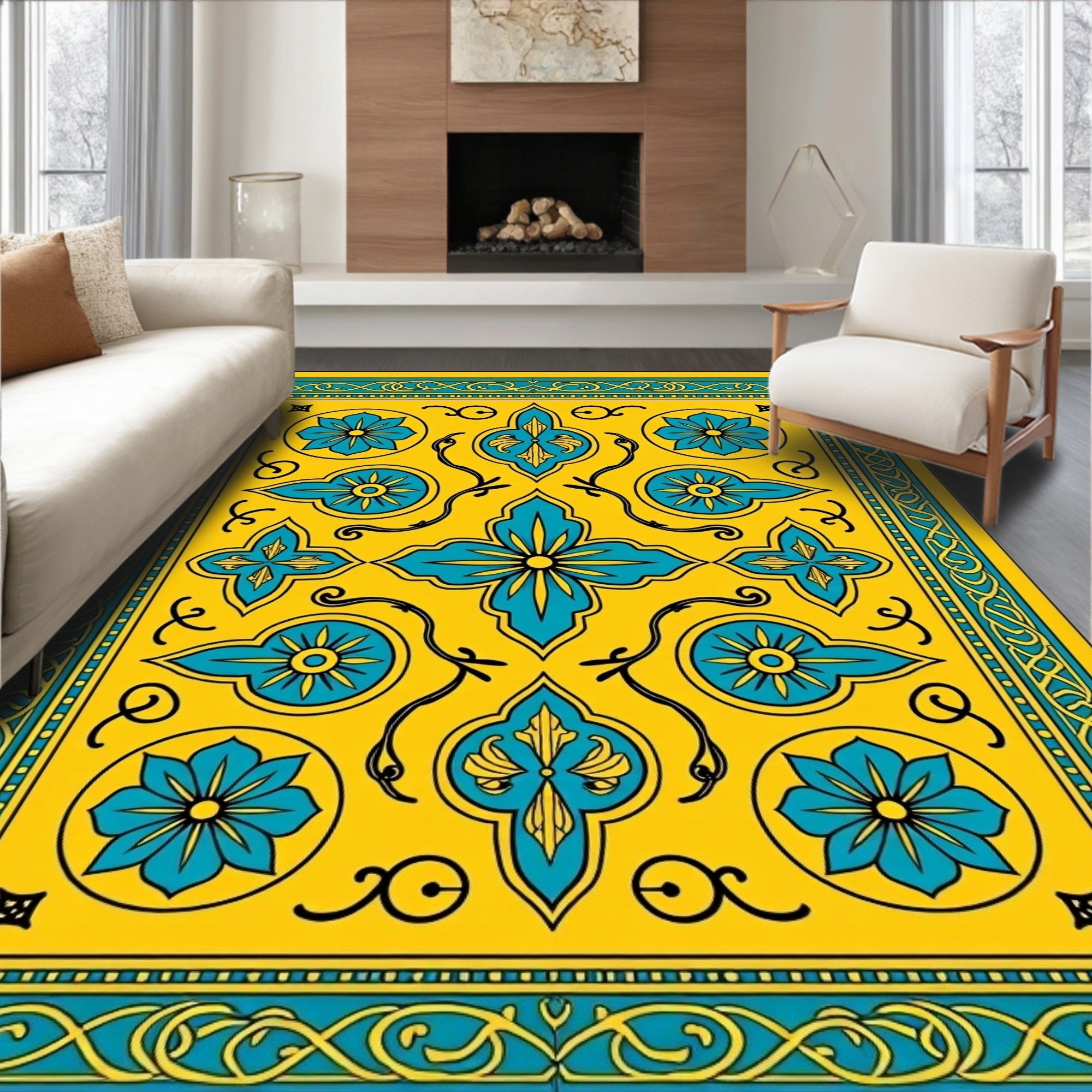 Ornate Yellow Teal Floral Pattern Rug