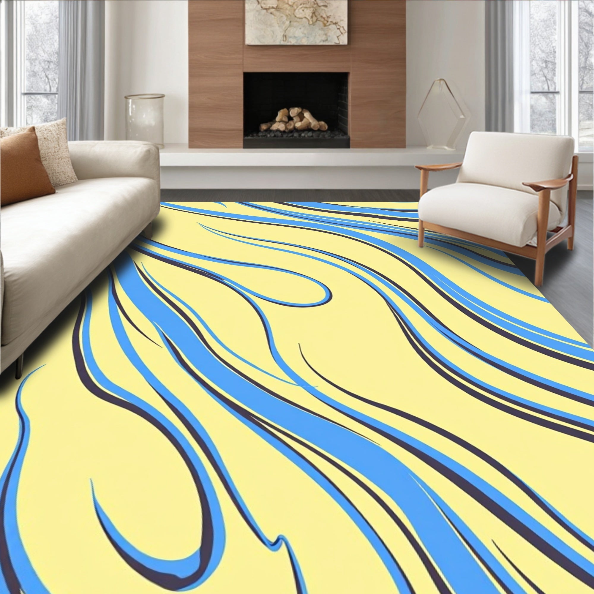 Flowing Blue And Yellow Abstract Pattern Rug