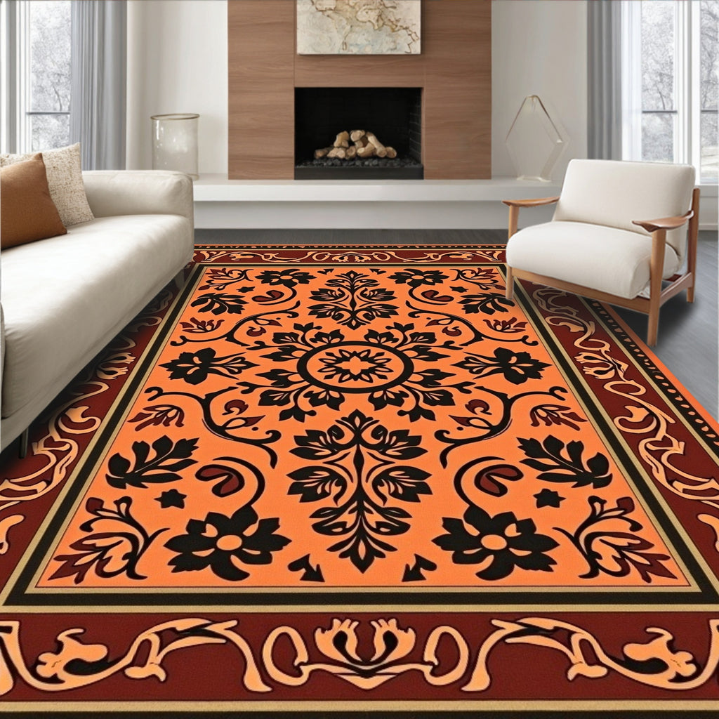 Vibrant Orange Black Floral Border Pattern Rug