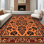 Vibrant Orange Black Floral Border Pattern Rug