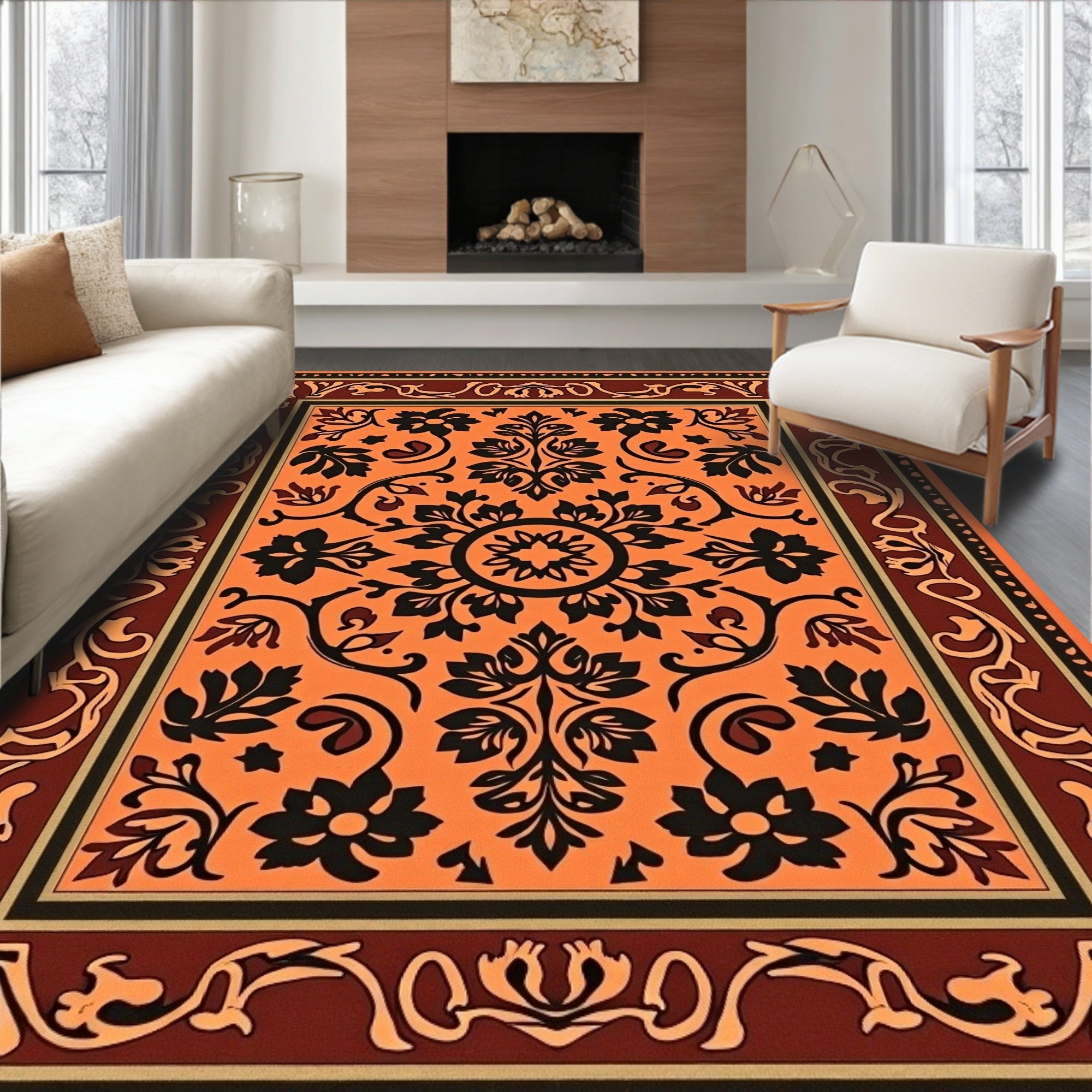 Vibrant Orange Black Floral Border Pattern Rug