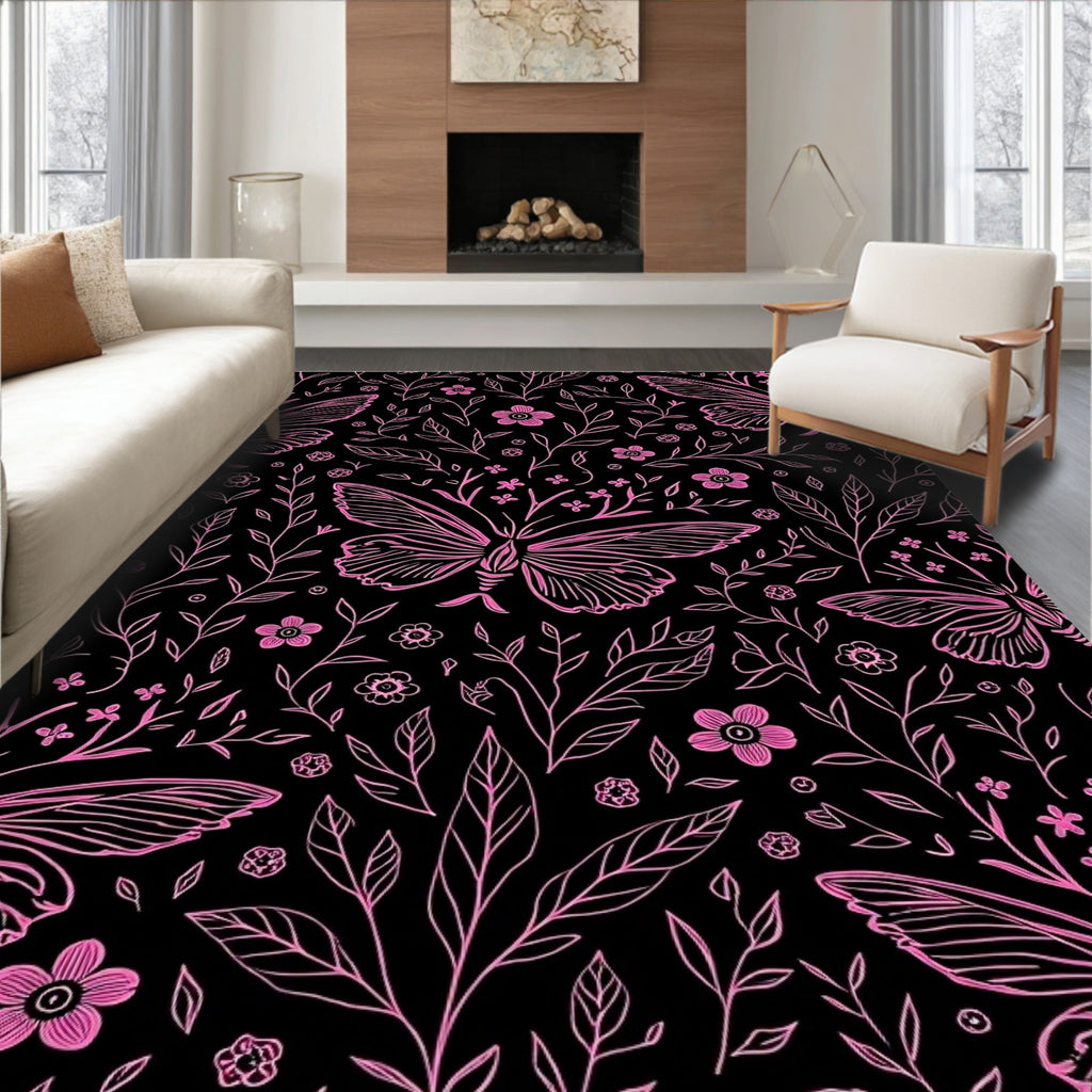 Pink Butterfly Floral Vines Rug