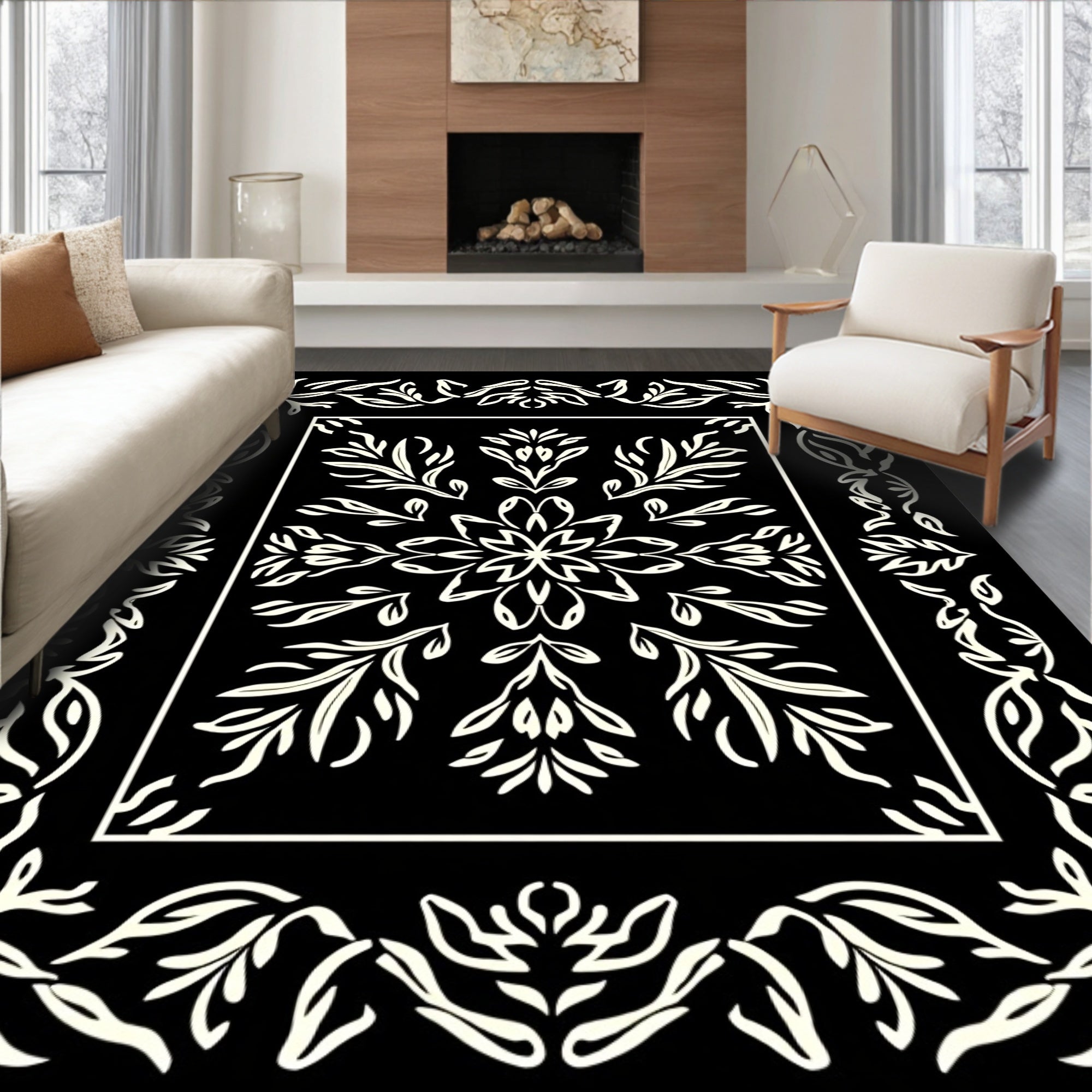 Ornate Floral Bordered Centerpiece Design Rug
