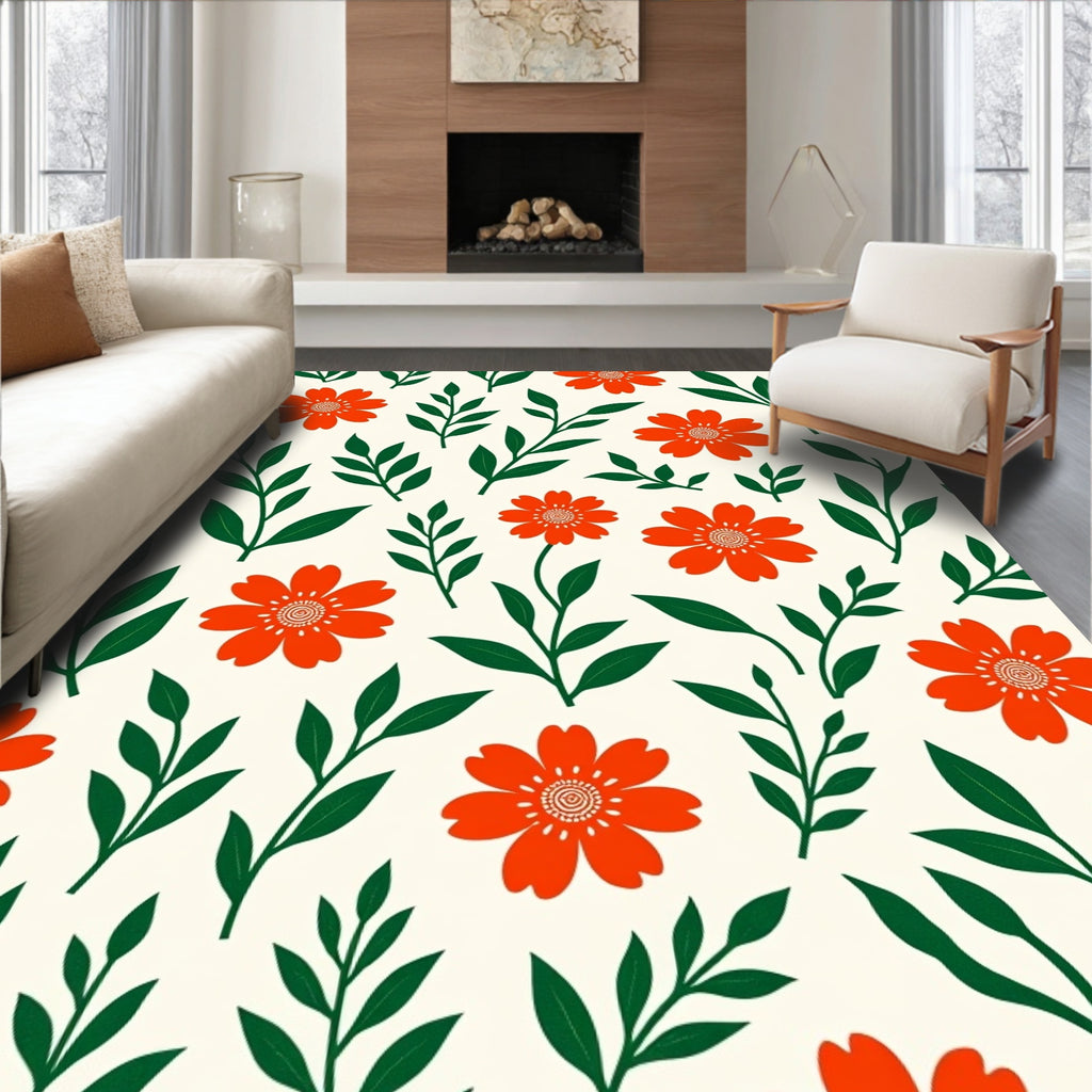 Floral Pattern Design with Orange Flowers Rug