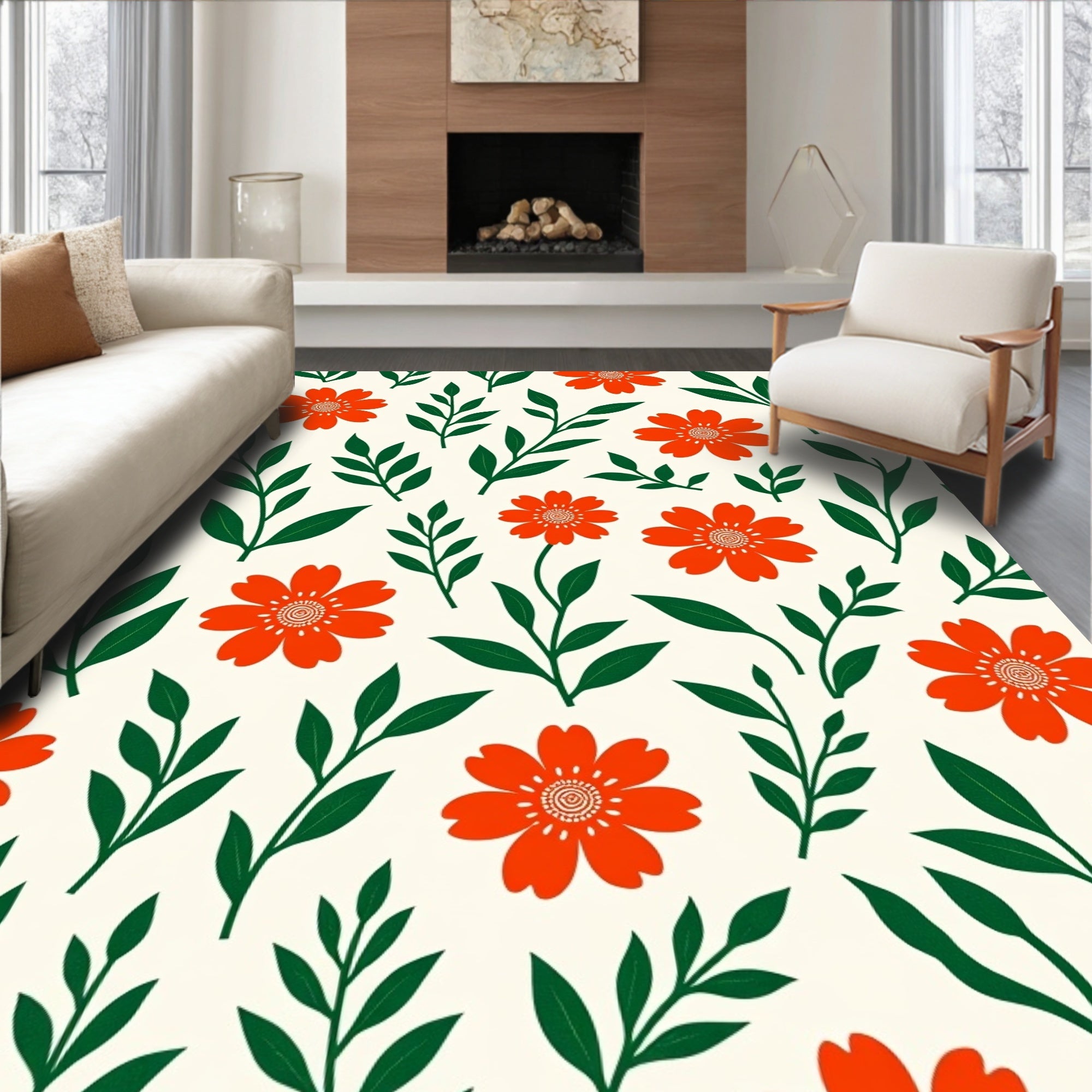 Floral Pattern Design with Orange Flowers Rug
