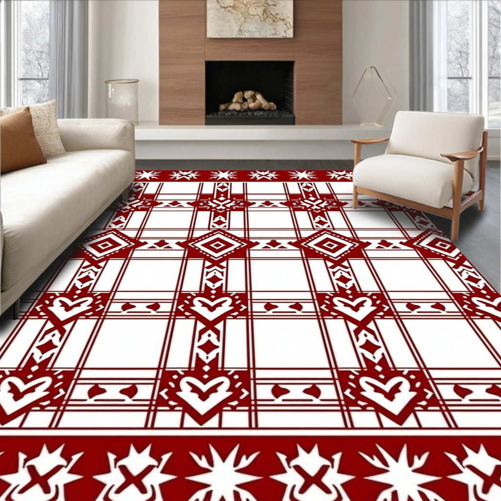 Crimson White Geometric Heart Pattern Rug
