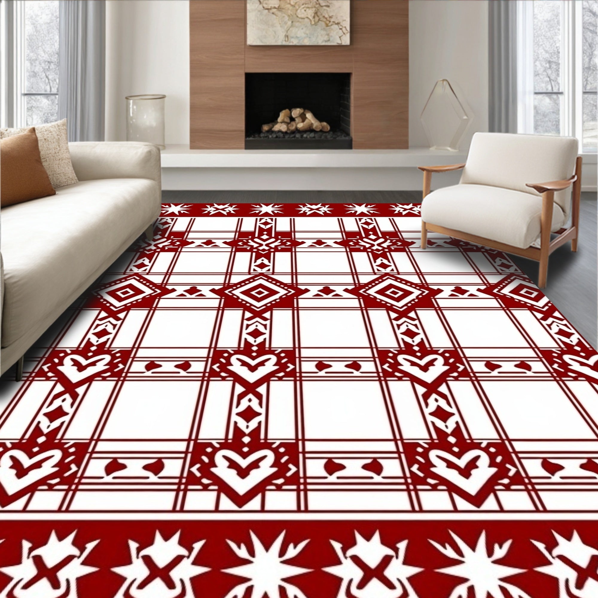 Crimson White Geometric Heart Pattern Rug