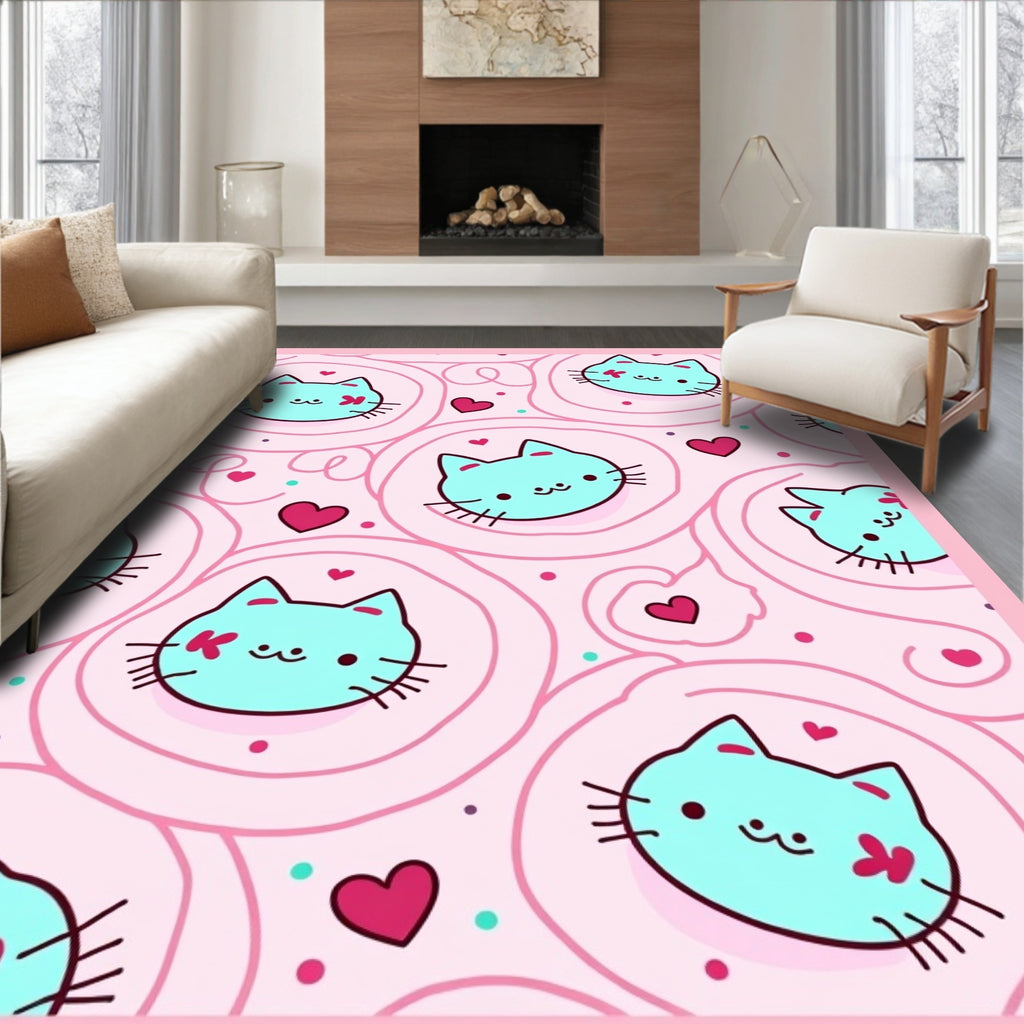 Cute Kitty Hearts Swirls Pattern Rug