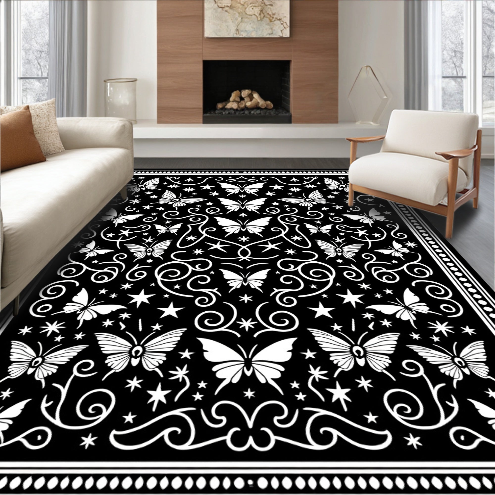 Black Butterfly Swirl Star Pattern Rug