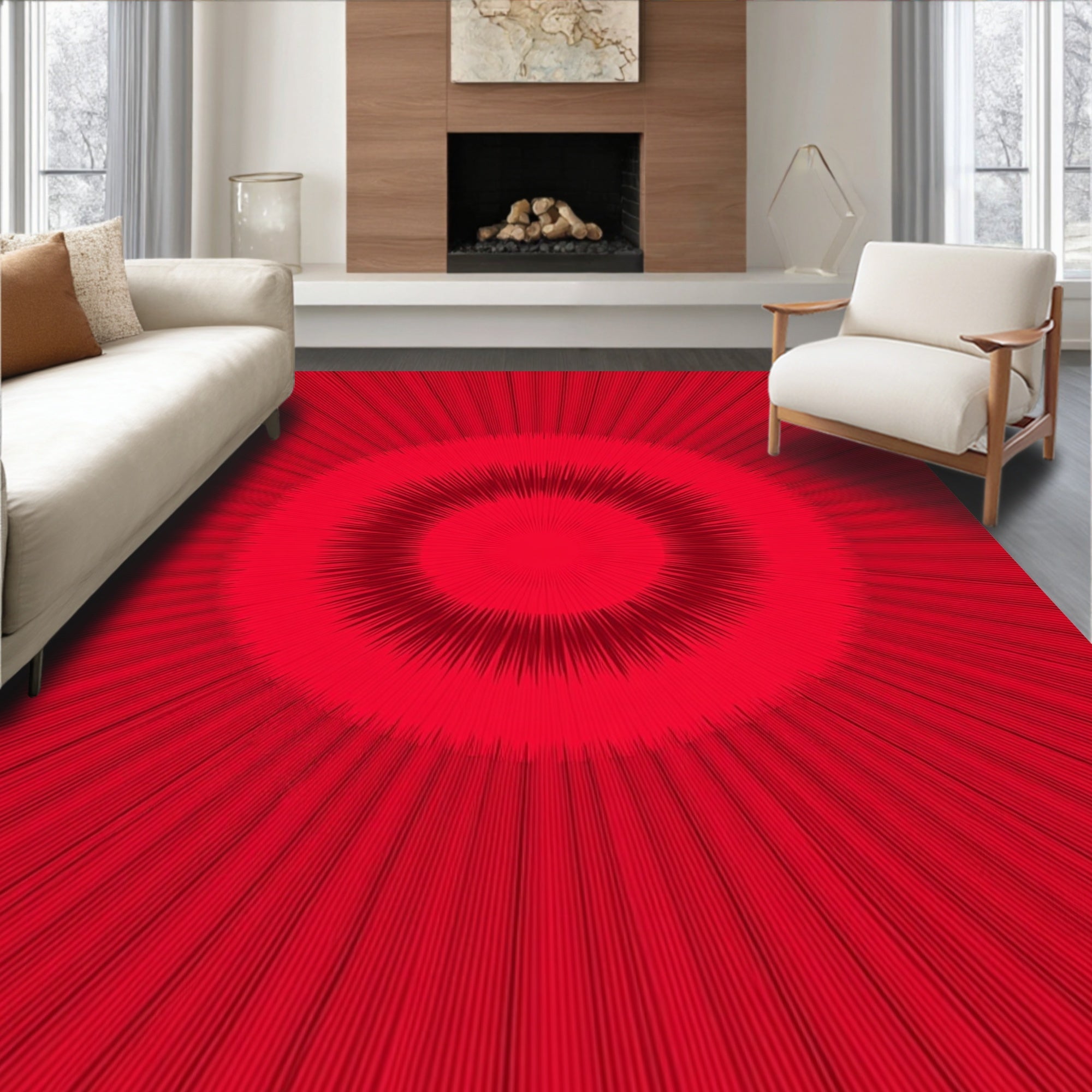 Concentric Red Line Pattern Rug