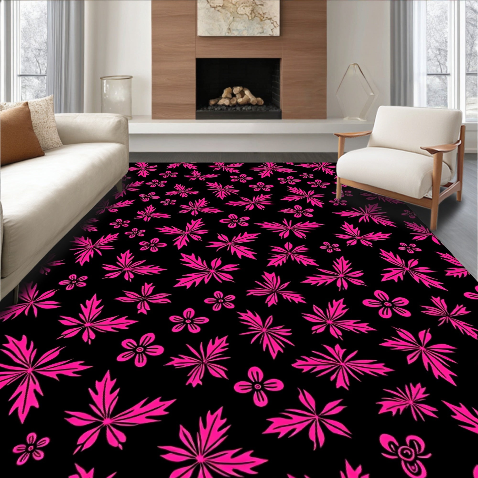 Hot Pink Blossom Leaf Collage Rug