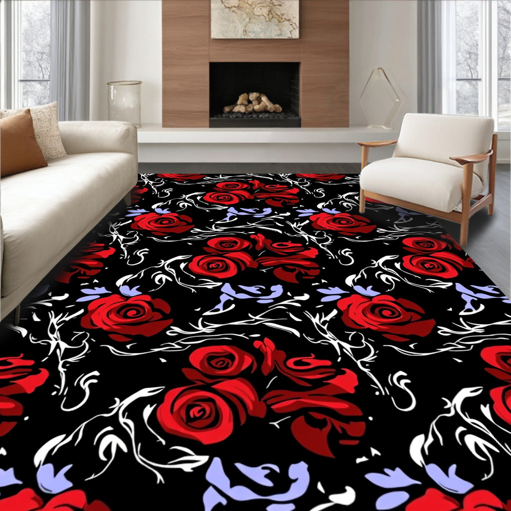 Dramatic Red Roses Black Floral Design Rug