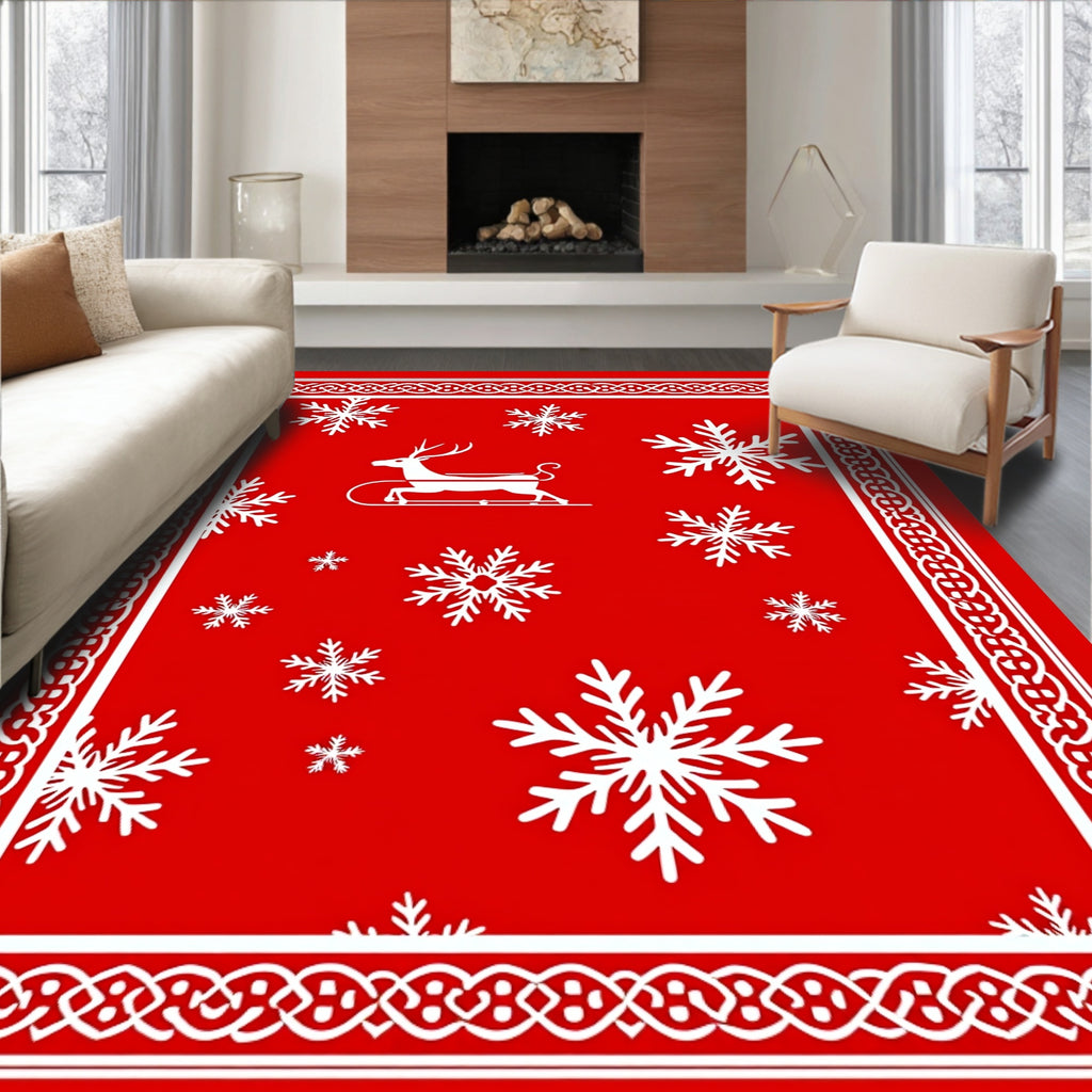Red White Reindeer Snowflake Pattern Rug