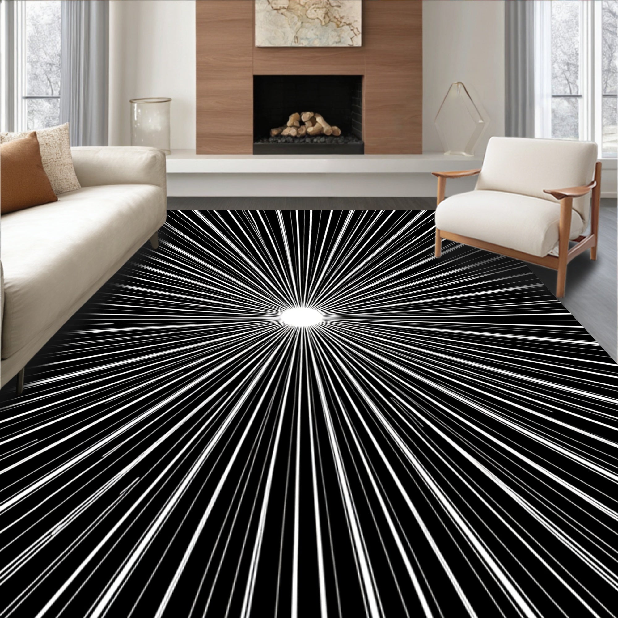 Radiating Burst Black and White Lines Rug