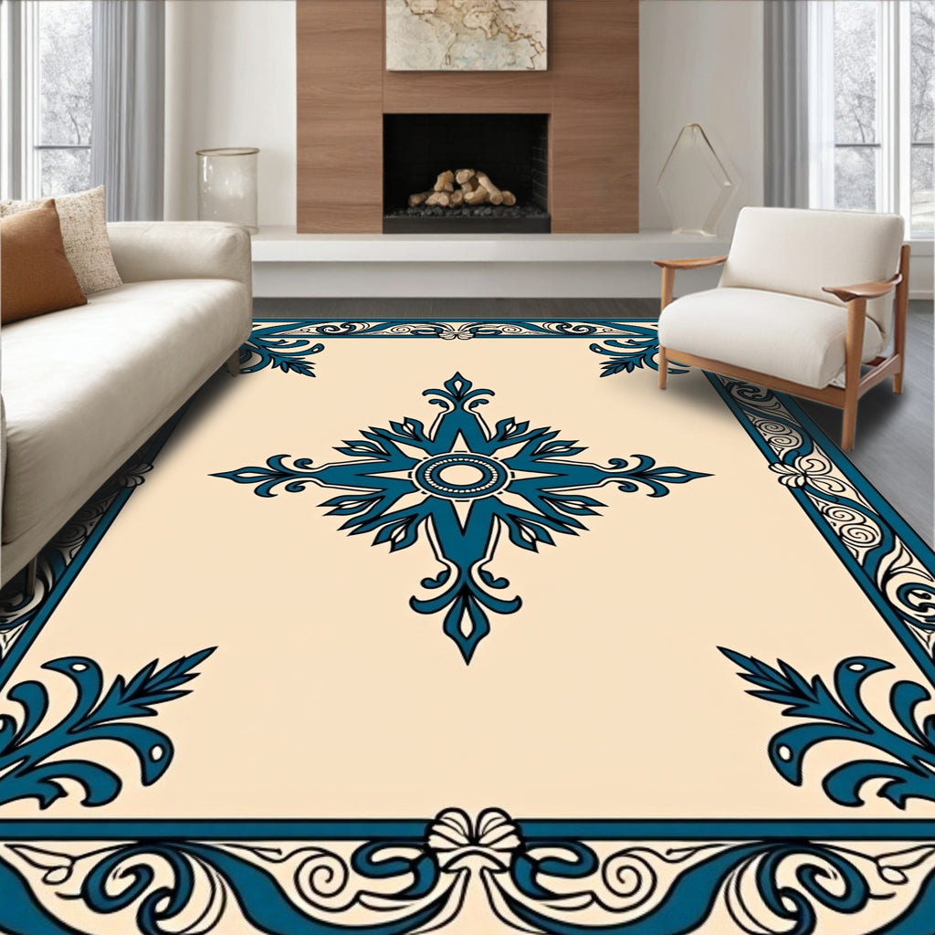 Teal Beige Ornate Scroll Medallion Rug