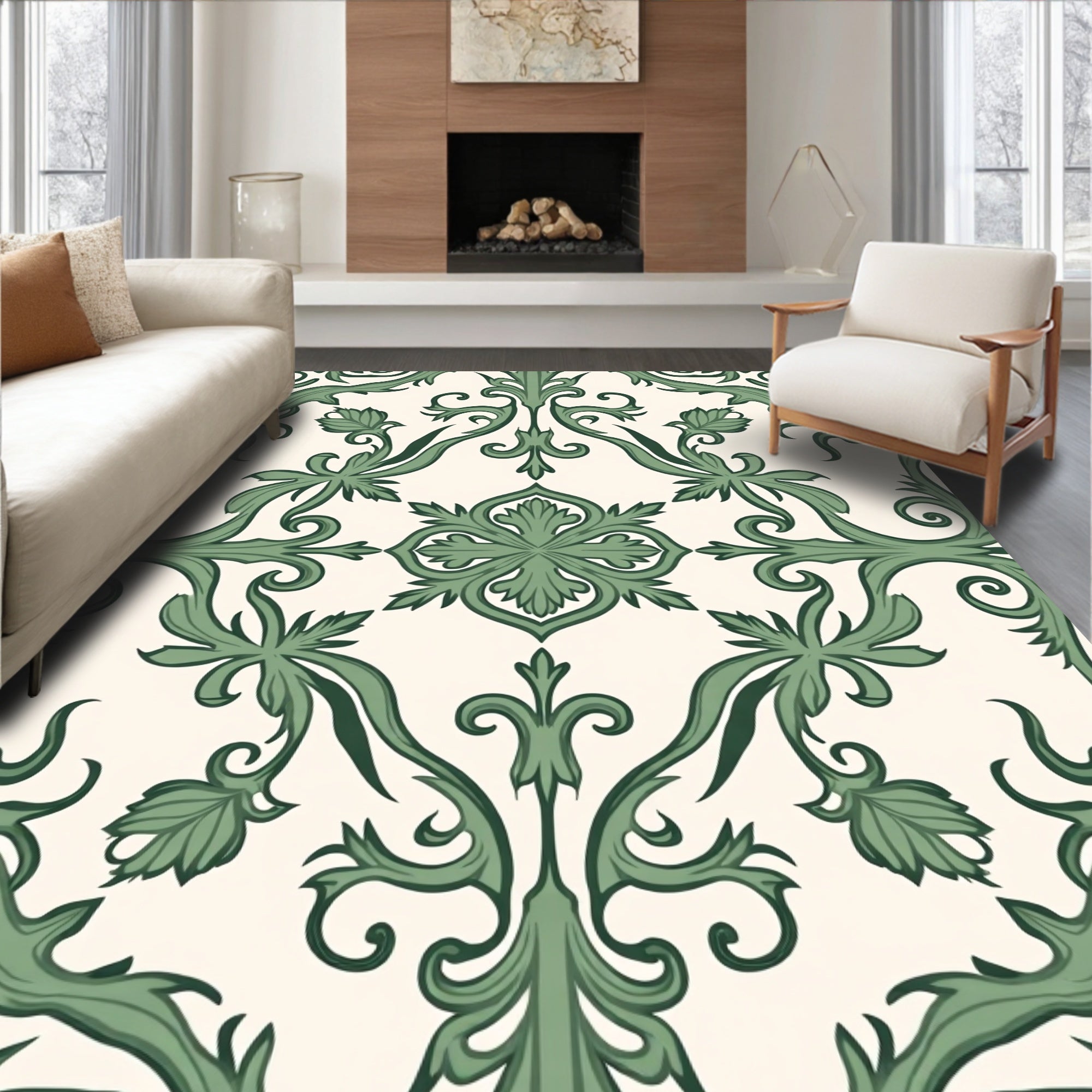 Green Traditional Floral Scroll Rug