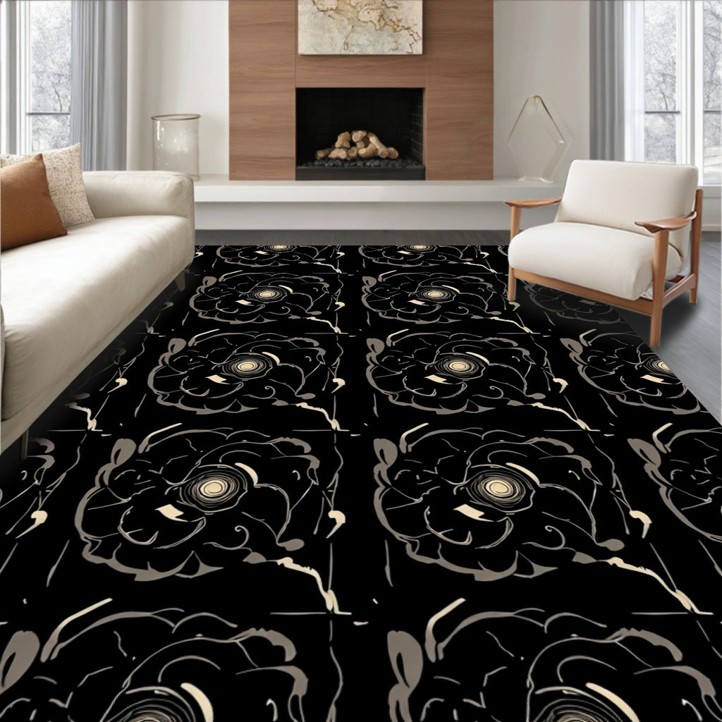 Drawn Black Flower Outline Pattern Rug