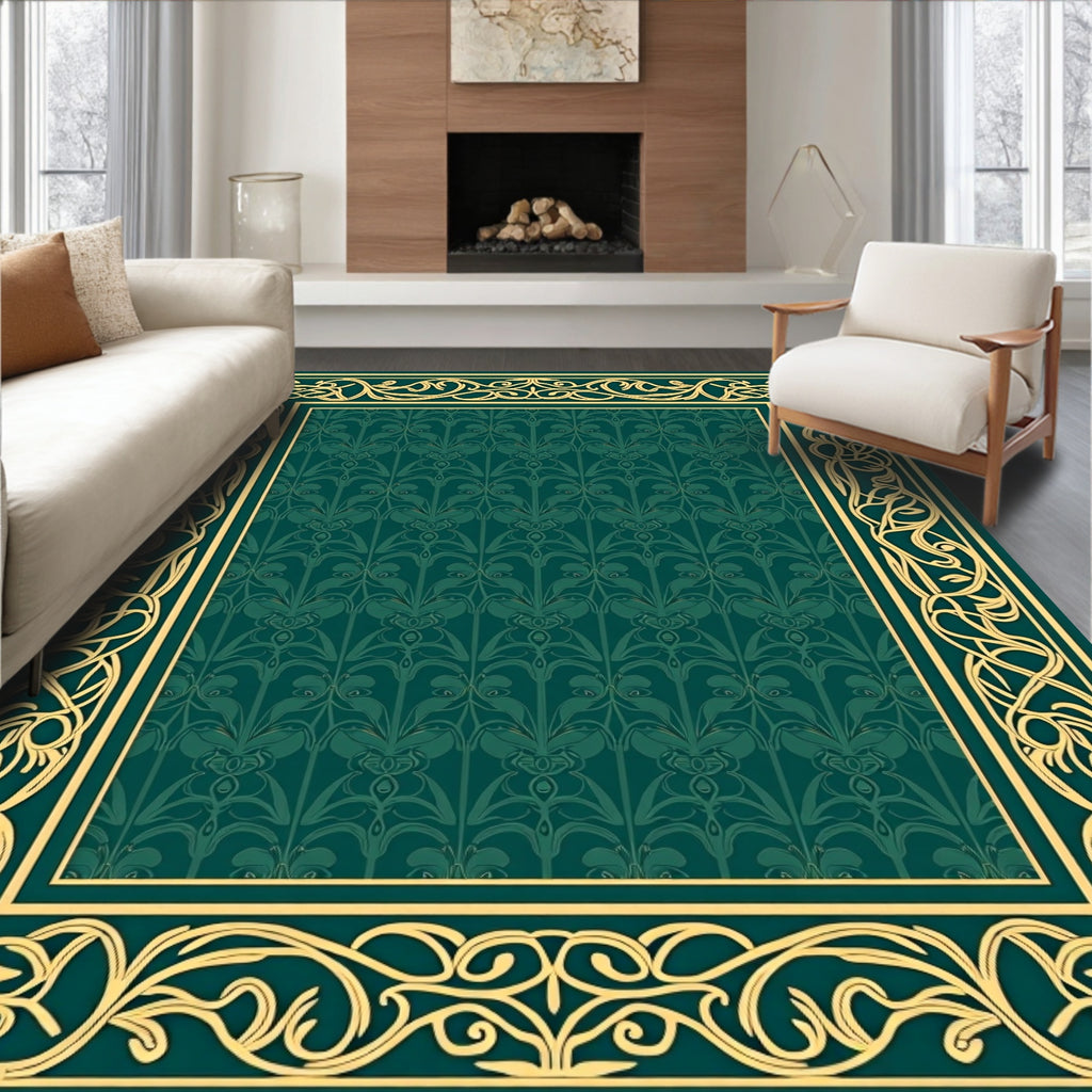 Art Nouveau Scrollwork Green Floral Rug