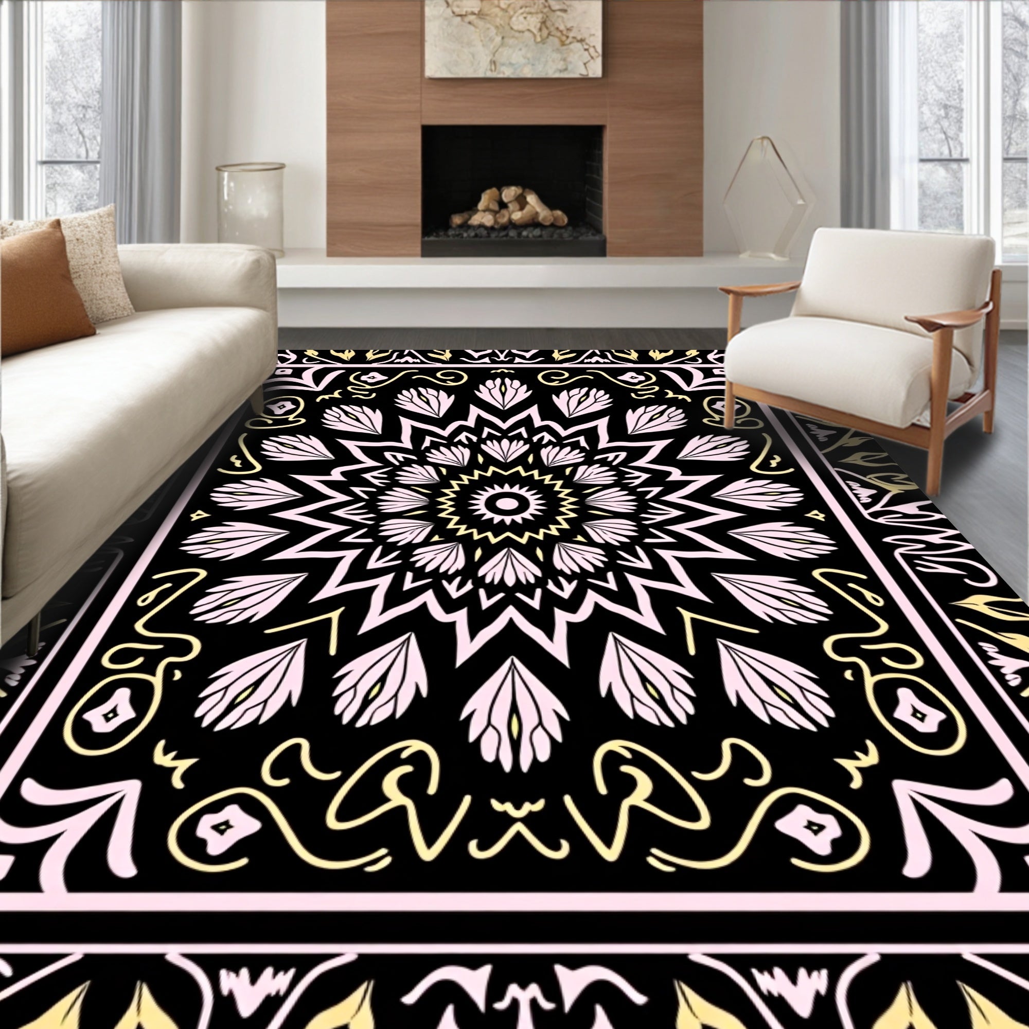Black Floral Mandala Design Rug