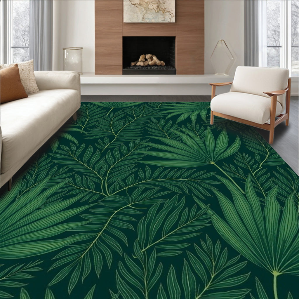 Tropical Leaf Dark Green Pattern Rug