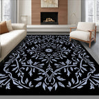 Ornate Black And White Floral Scroll Rug