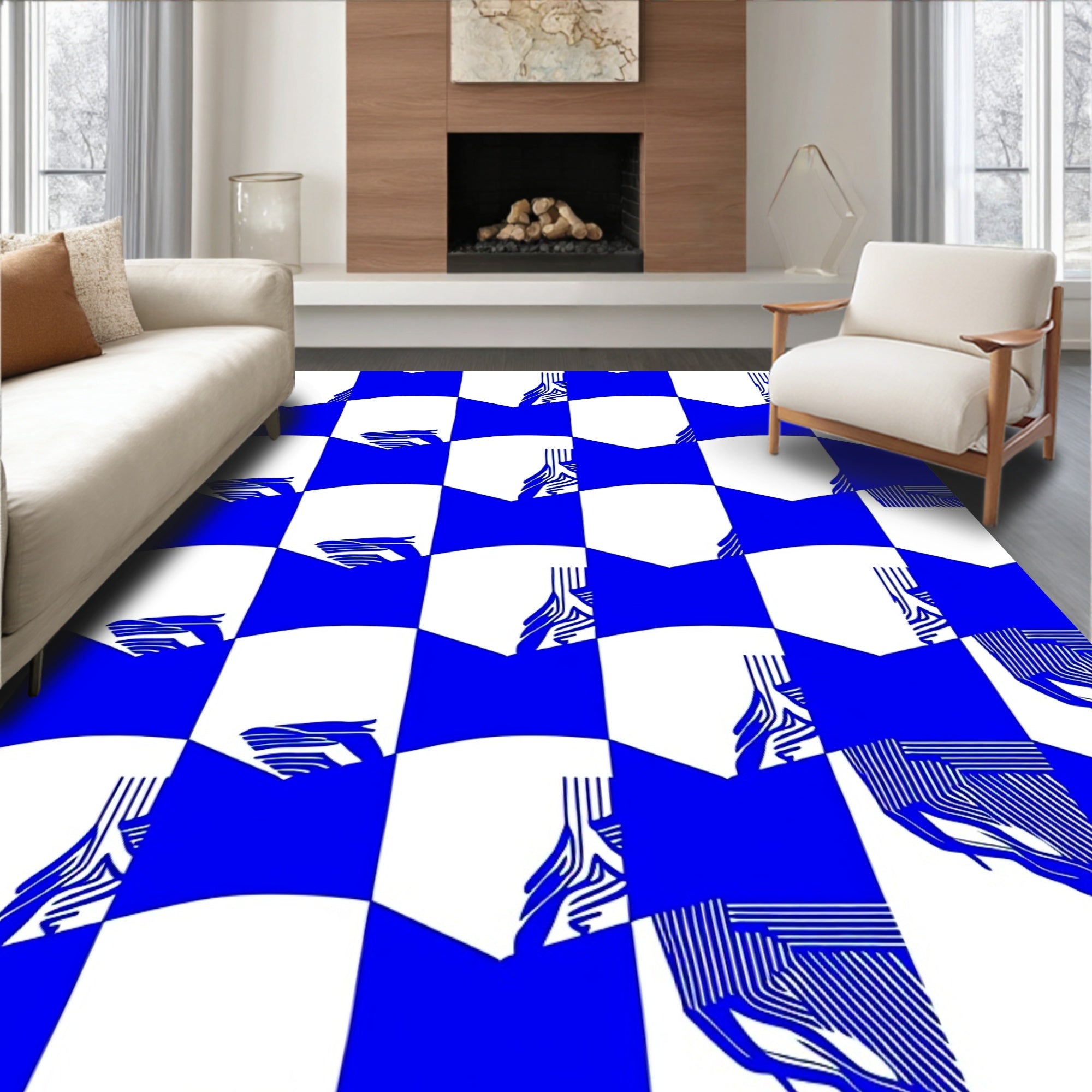 Graphic Blue White Abstract Checkered Pattern Rug