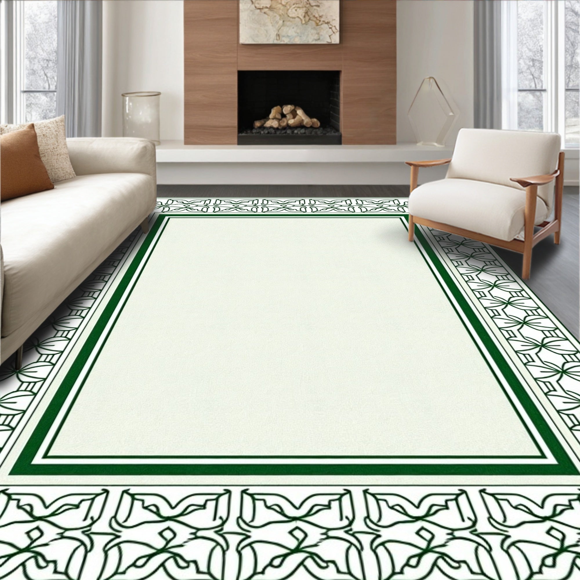 Classic Green Geometric Floral Border Rug