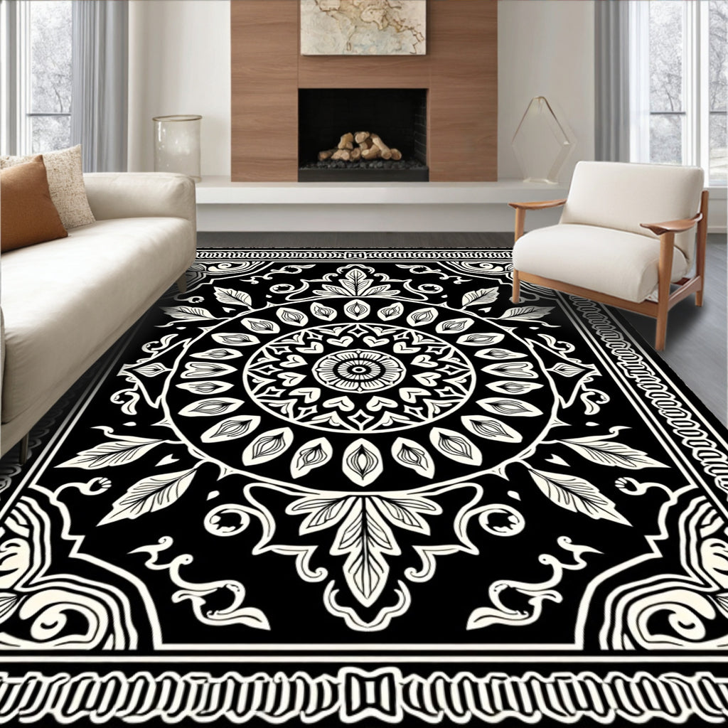 Classic Floral Mandala Black White Pattern Rug