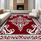 Ornate Red White Floral Medallion Rug