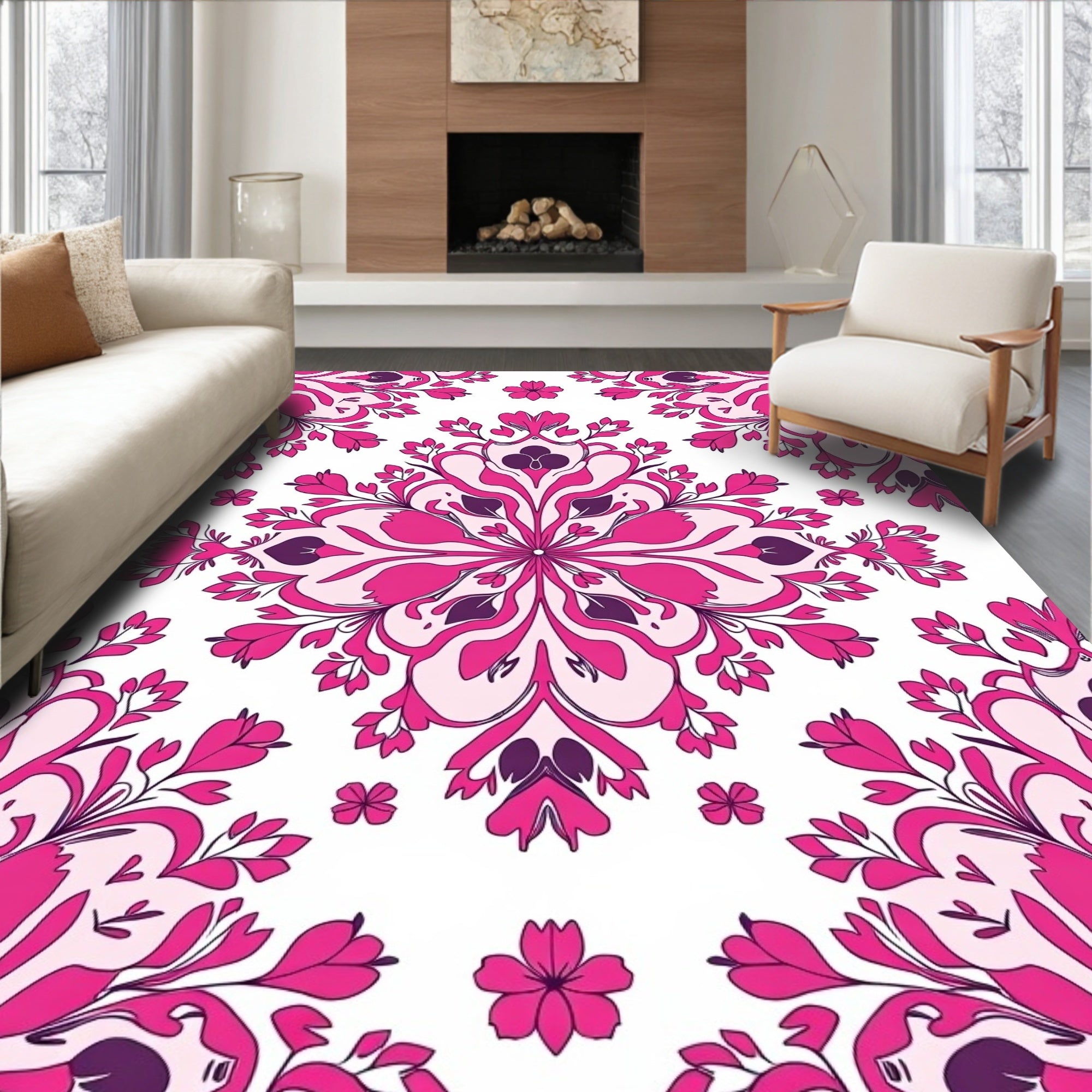 Ornate Pink Floral Mandala Design Rug