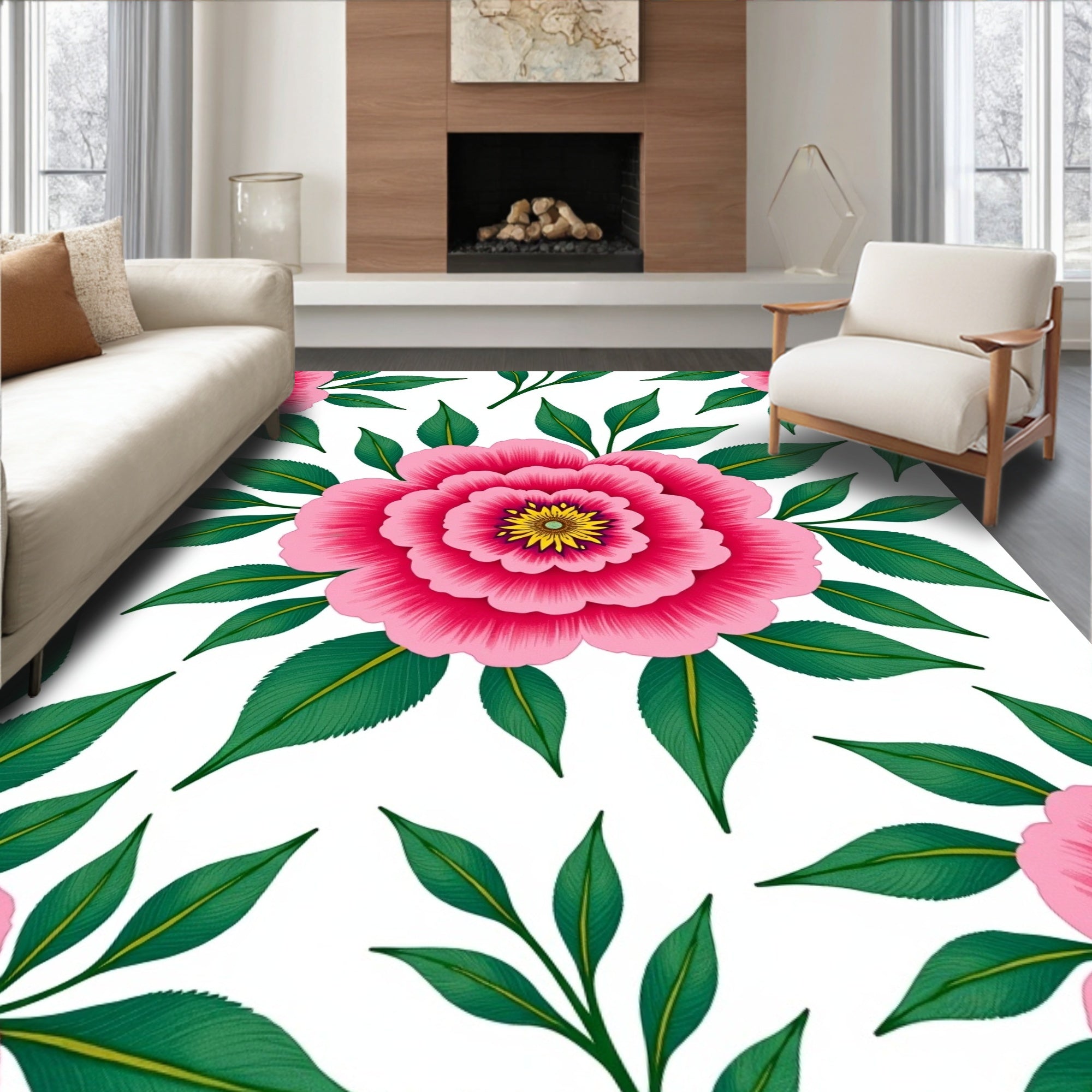 Vibrant Pink Floral Motif Pattern Rug
