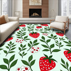 Red Strawberry Green Leaf Nature Print Rug