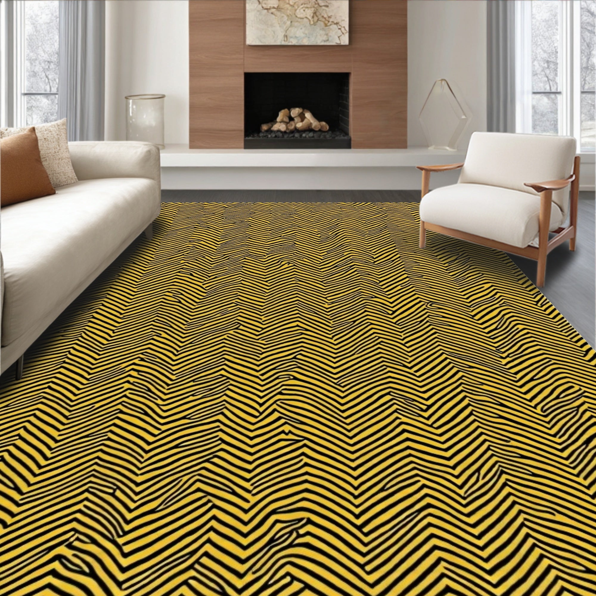Jagged Yellow Black Wavy Stripes Rug