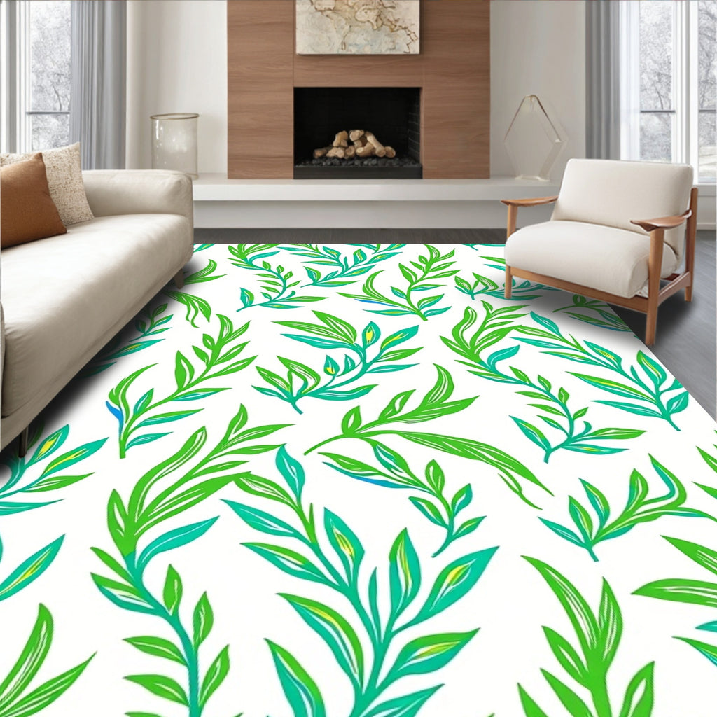 Lush Green Leafy Branch Pattern Rug