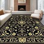 Classic Floral Scrollwork Black Gold Rug