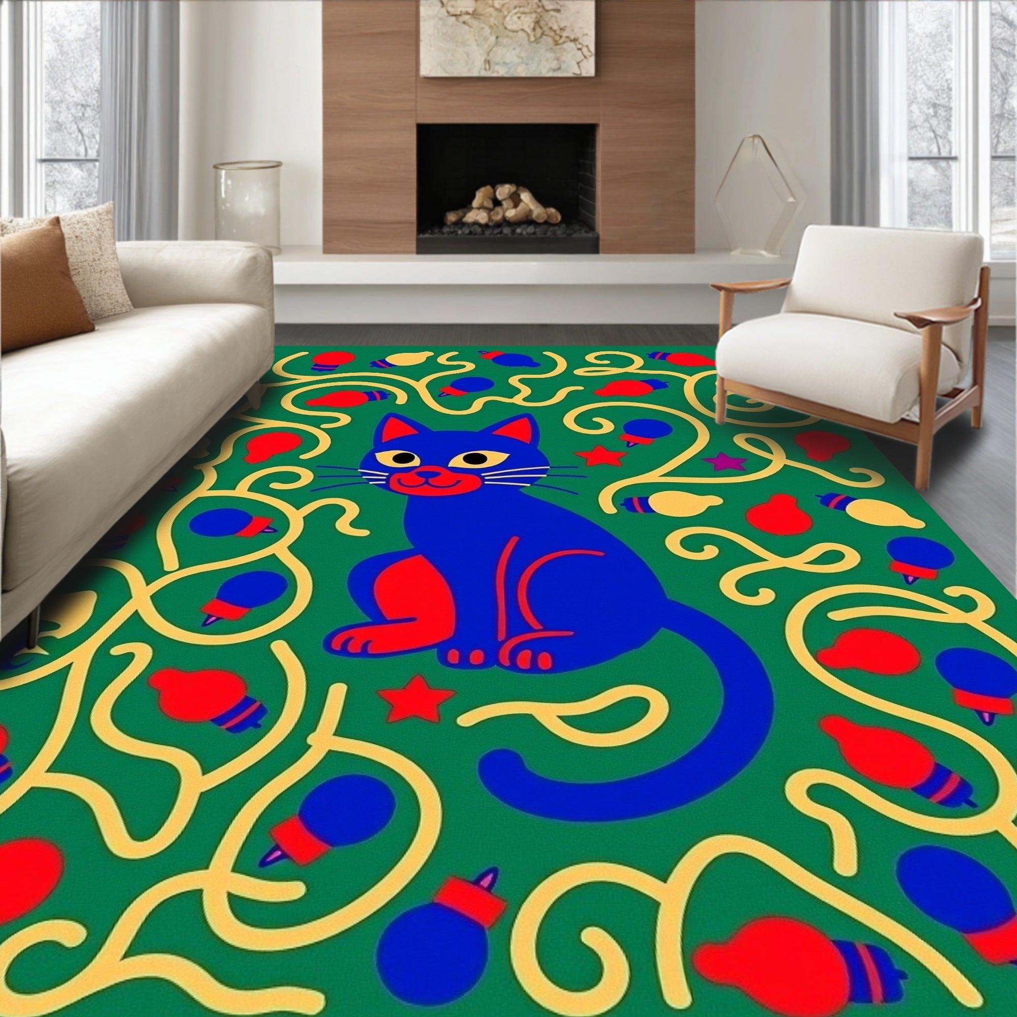 Whimsical Blue Cat Playful Pattern Rug