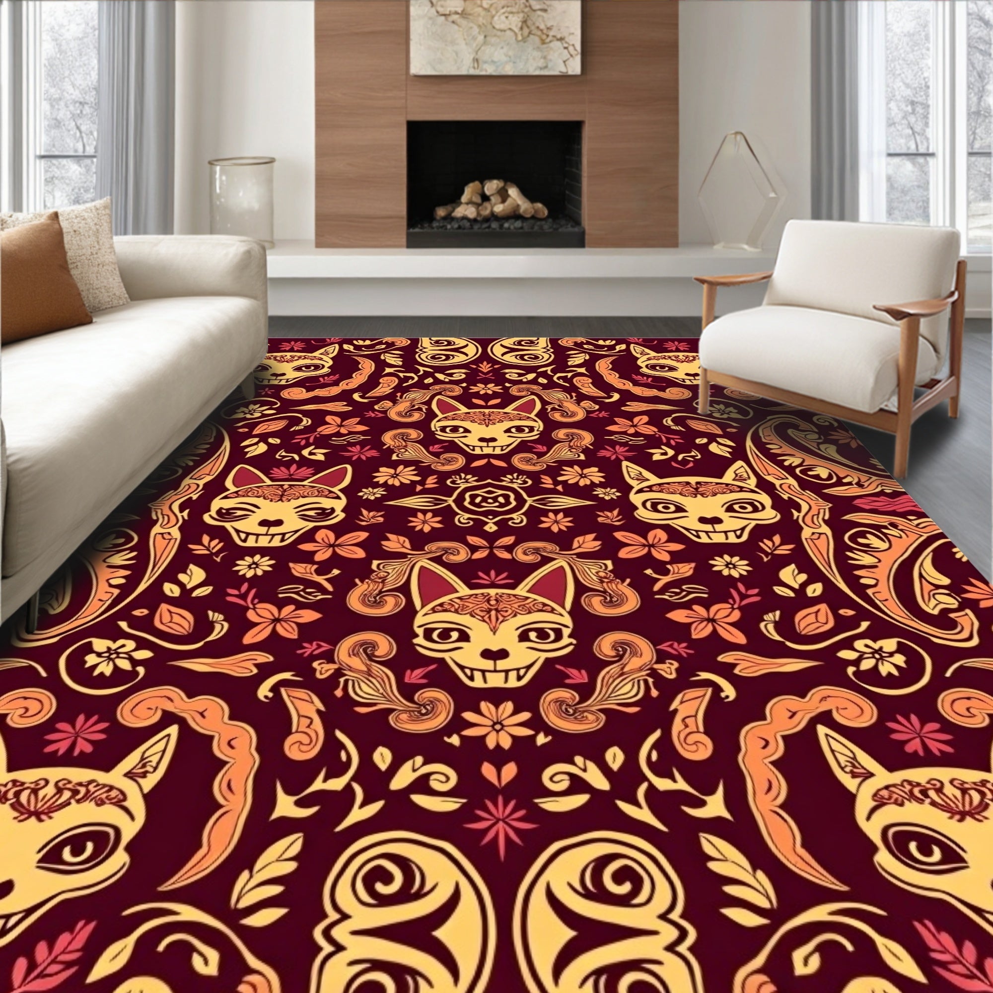 Whimsical Cat Floral Pattern Design Rug