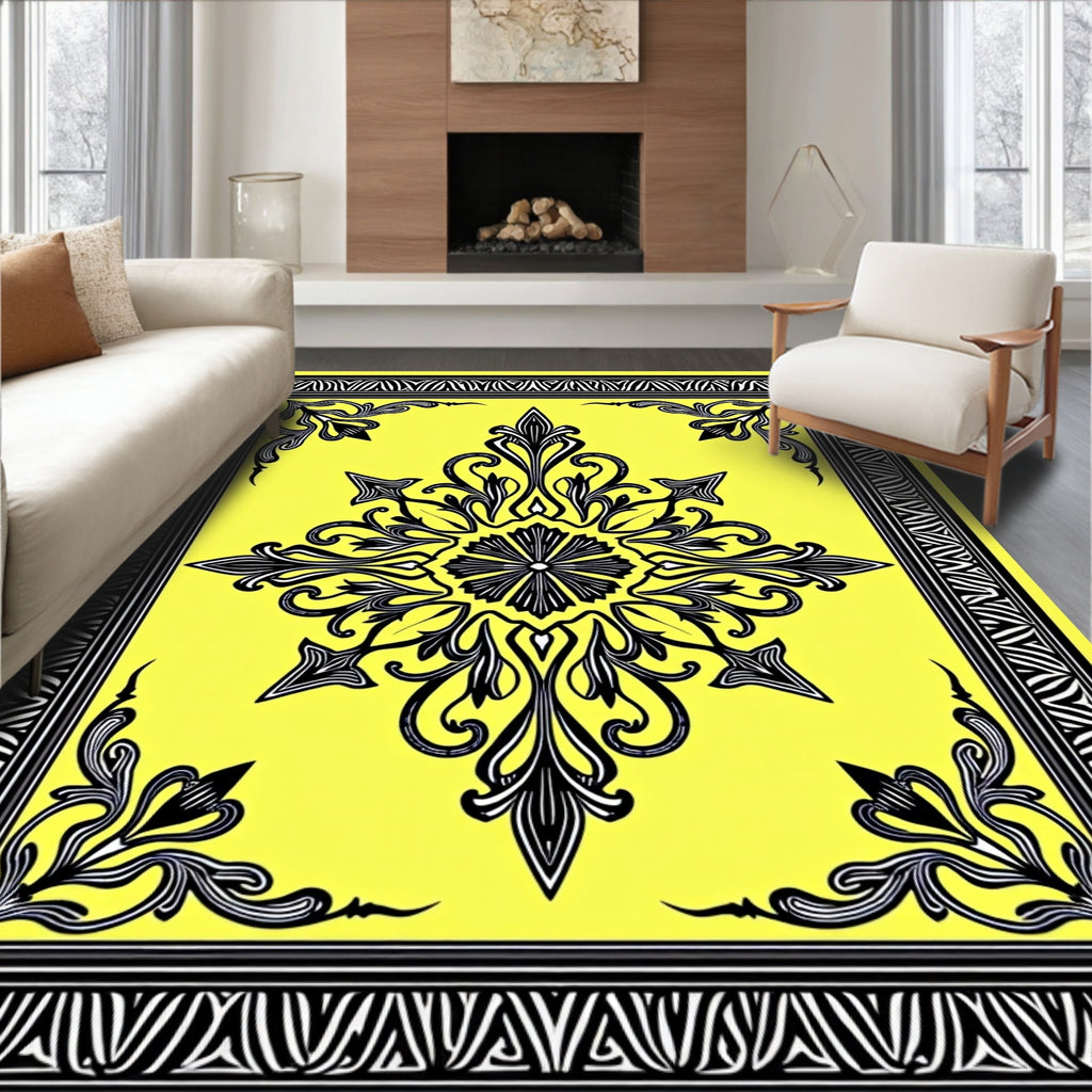 Bold Black Yellow Ornate Design Rug