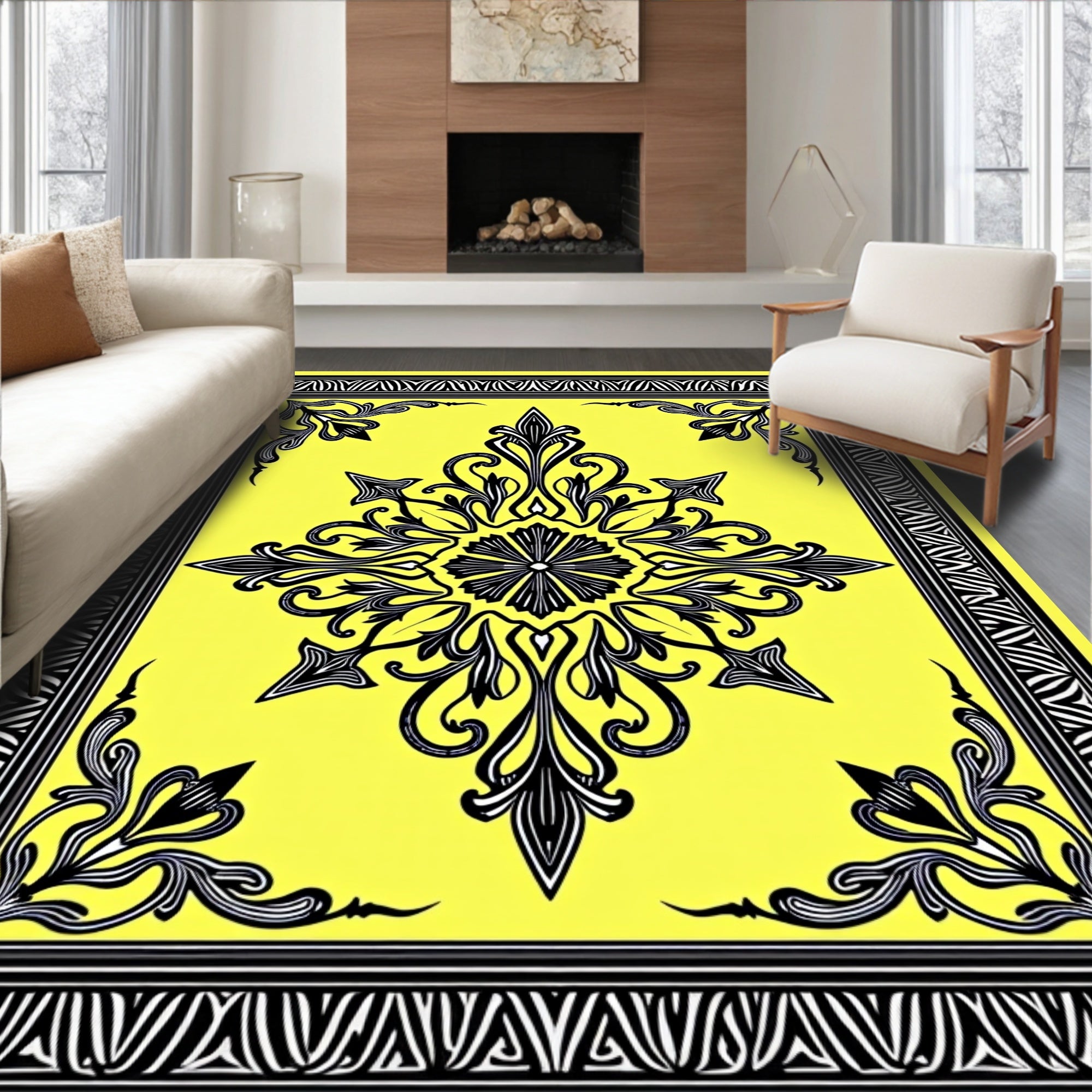 Bold Black Yellow Ornate Design Rug