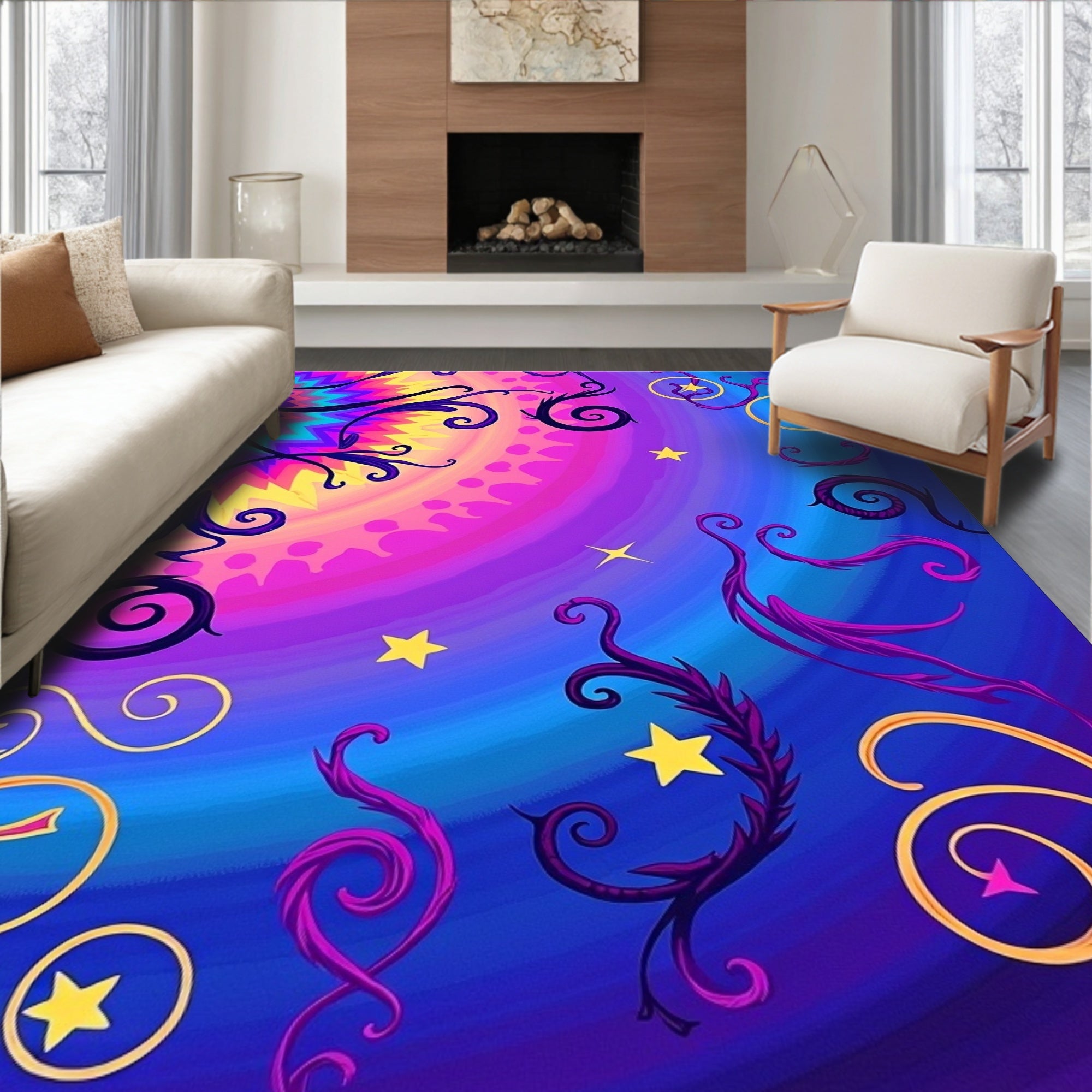 Vibrant Psychedelic Swirl Star Pattern Rug