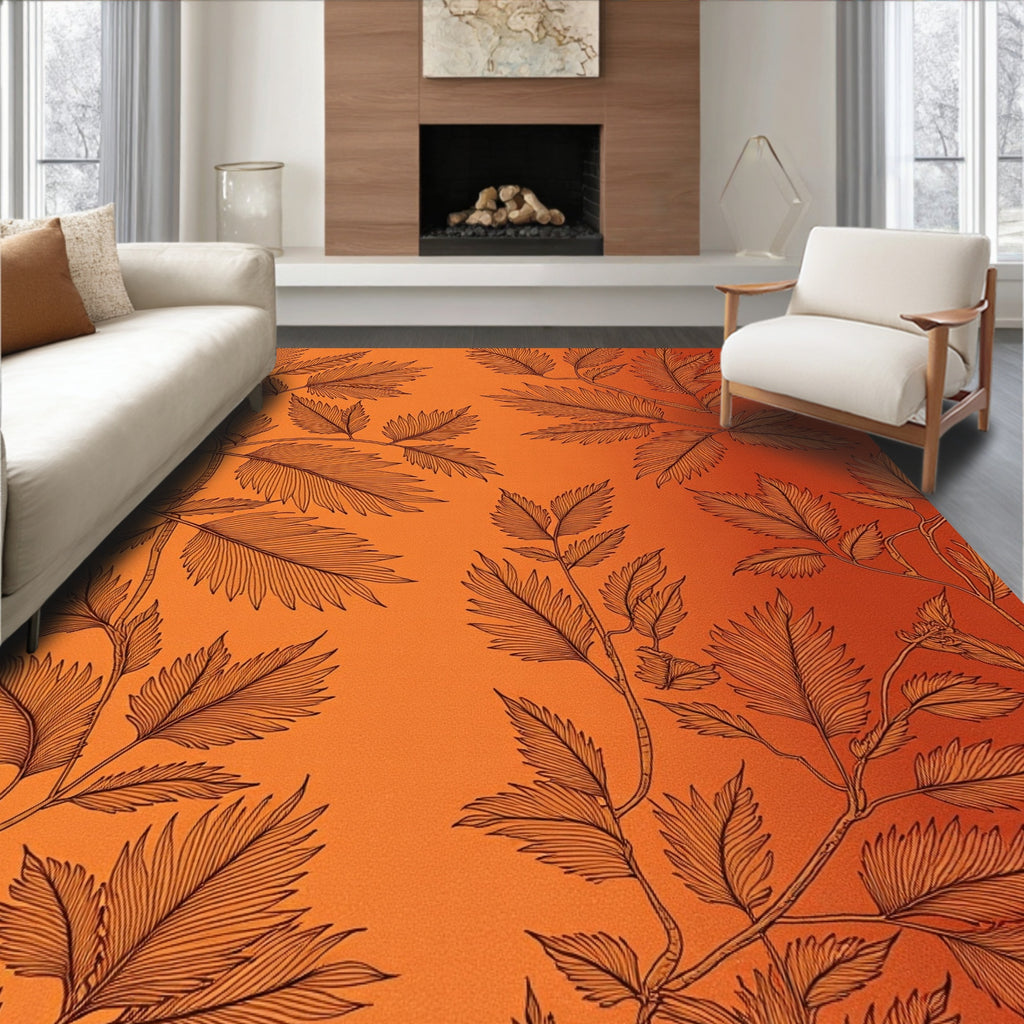Orange Floral Branch Pattern Rug