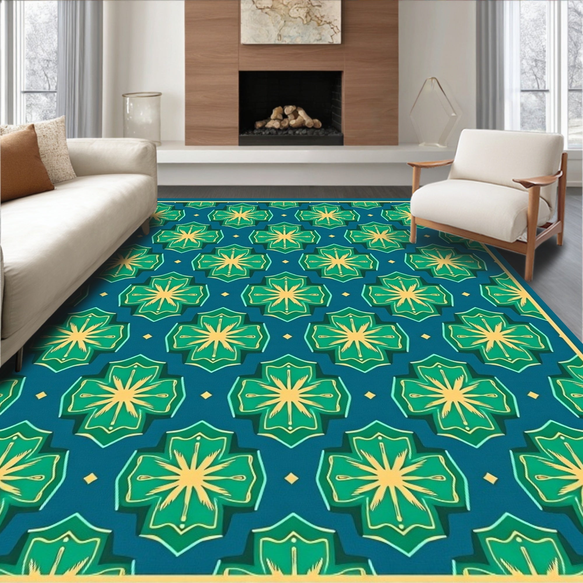 Teal Geometric Floral Pattern Rug