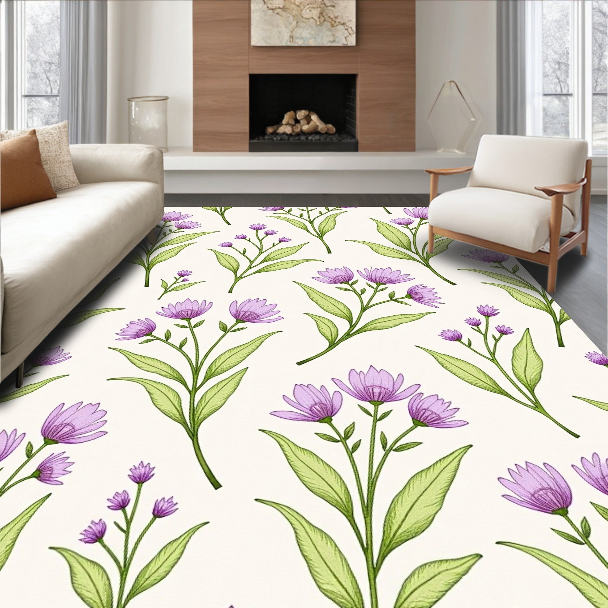 Delicate Lavender Floral Botanical Pattern Rug